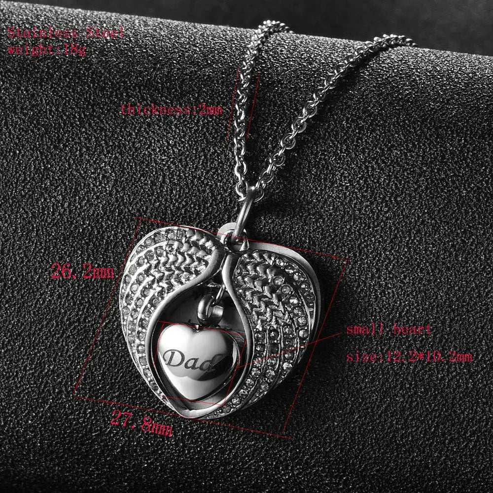 Angel Wing Heart Cremation Urn Necklace in Stainless Steel - Memorial Keepsake Jewelry for Ashes, 50cm