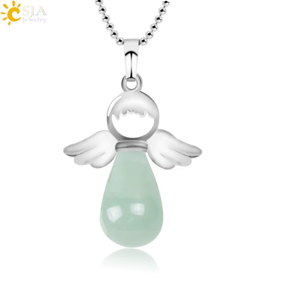 CSJA Angel Natural Stone Necklaces Pink Quartz Lapis Lazuli Necklace Angels Pendants for Women Purple Female Jewelry E947