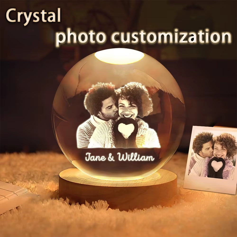 Custom Crystal Ball Photo LED Night Light Bedroom Office Decoration Gift Wedding Couple'S Parents Pet Photos Souvenir Gifts