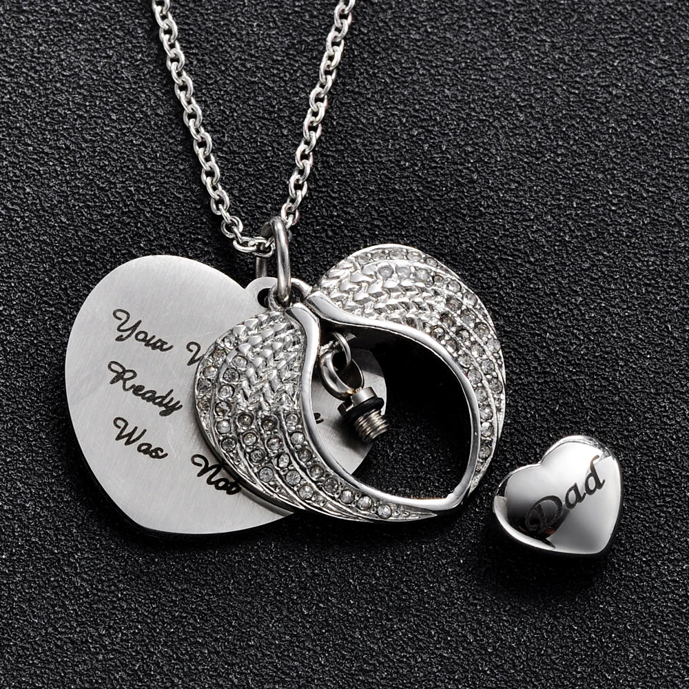 Angel Wing Heart Cremation Urn Necklace in Stainless Steel - Memorial Keepsake Jewelry for Ashes, 50cm