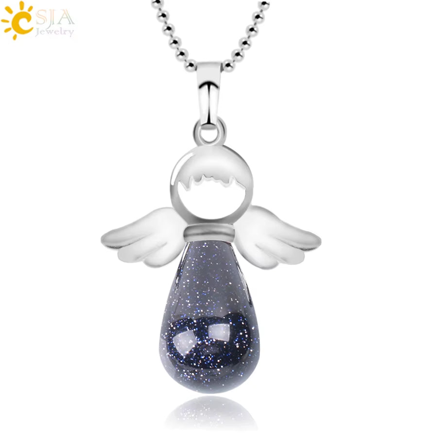 CSJA Angel Natural Stone Necklaces Pink Quartz Lapis Lazuli Necklace Angels Pendants for Women Purple Female Jewelry E947
