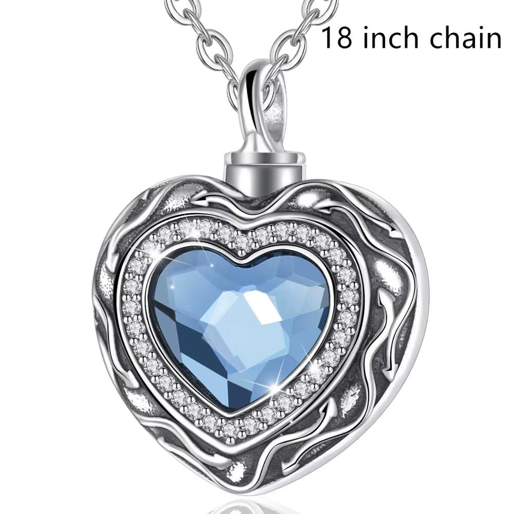 Sterling Silver Heart Locket Cremation Ashes Urn Necklace with Blue Crystal Birthstone Keepsake Jewelry - CYG004