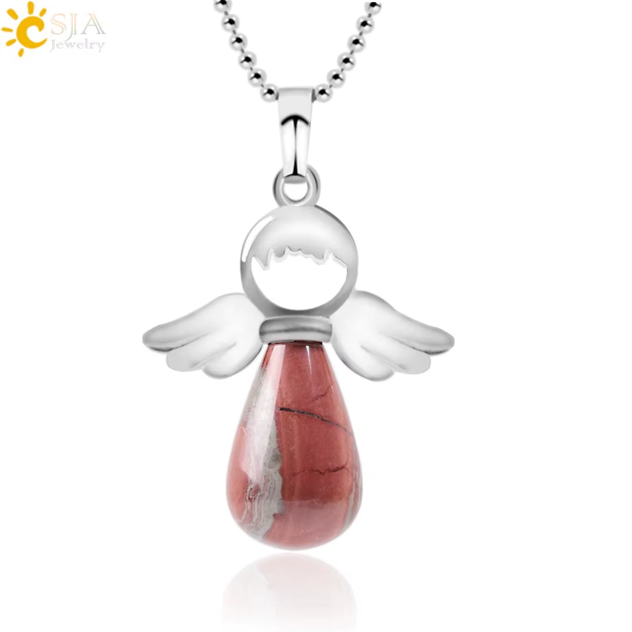 CSJA Angel Natural Stone Necklaces Pink Quartz Lapis Lazuli Necklace Angels Pendants for Women Purple Female Jewelry E947