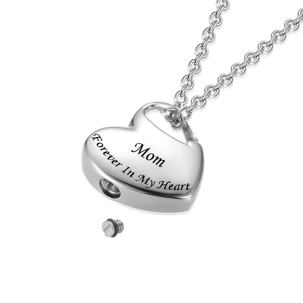 Stainless Steel Funeral Cremation Heart Forever in My Heart Pendant Keepsake Urn Necklace for Ashes Memorial Jewelry Mementos