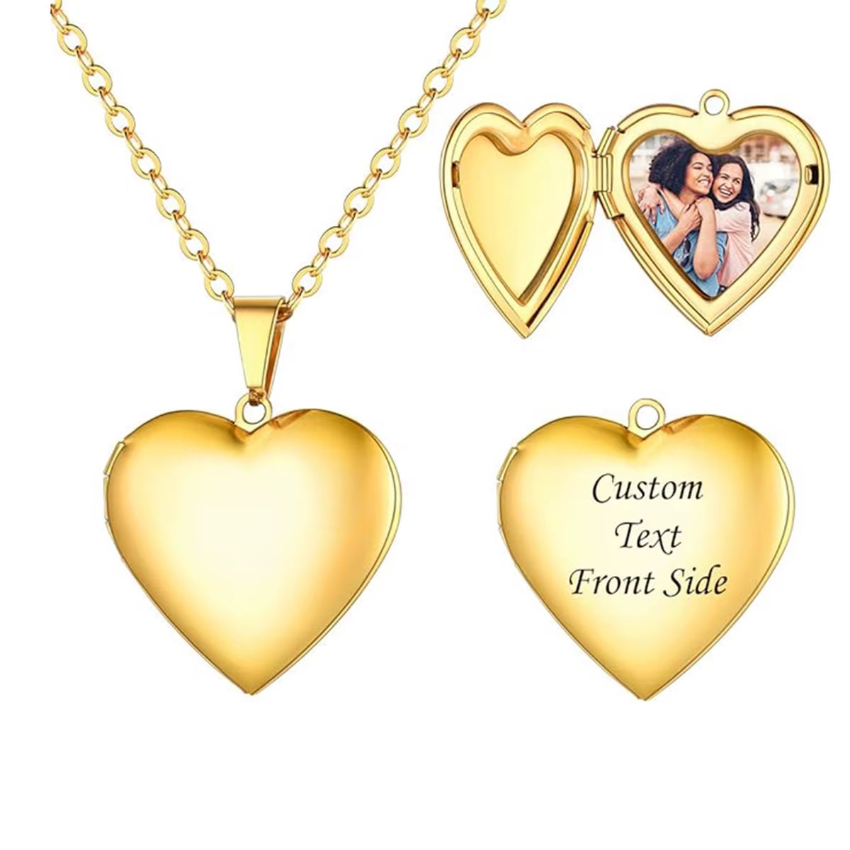 Custom Engraved Stainless Steel Heart Photo Locket Necklace with Personalized Text, Name, and Date
