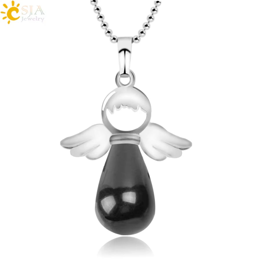 CSJA Angel Natural Stone Necklaces Pink Quartz Lapis Lazuli Necklace Angels Pendants for Women Purple Female Jewelry E947