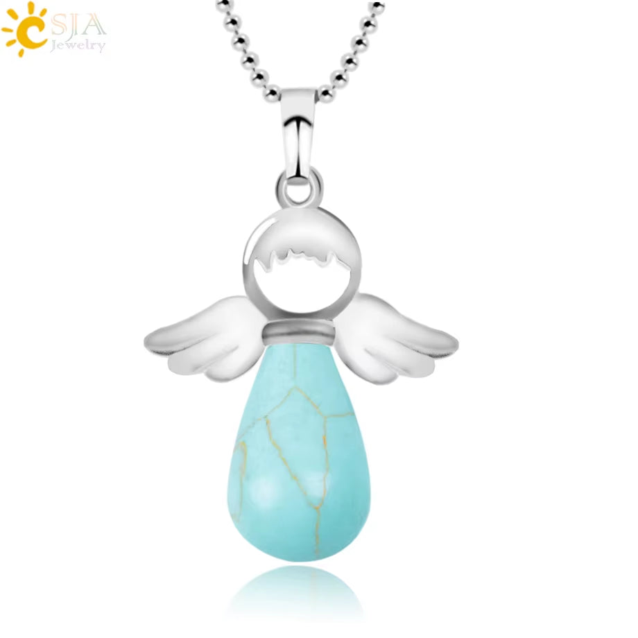 CSJA Angel Natural Stone Necklaces Pink Quartz Lapis Lazuli Necklace Angels Pendants for Women Purple Female Jewelry E947