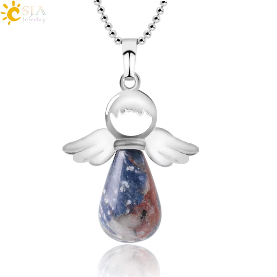 CSJA Angel Natural Stone Necklaces Pink Quartz Lapis Lazuli Necklace Angels Pendants for Women Purple Female Jewelry E947