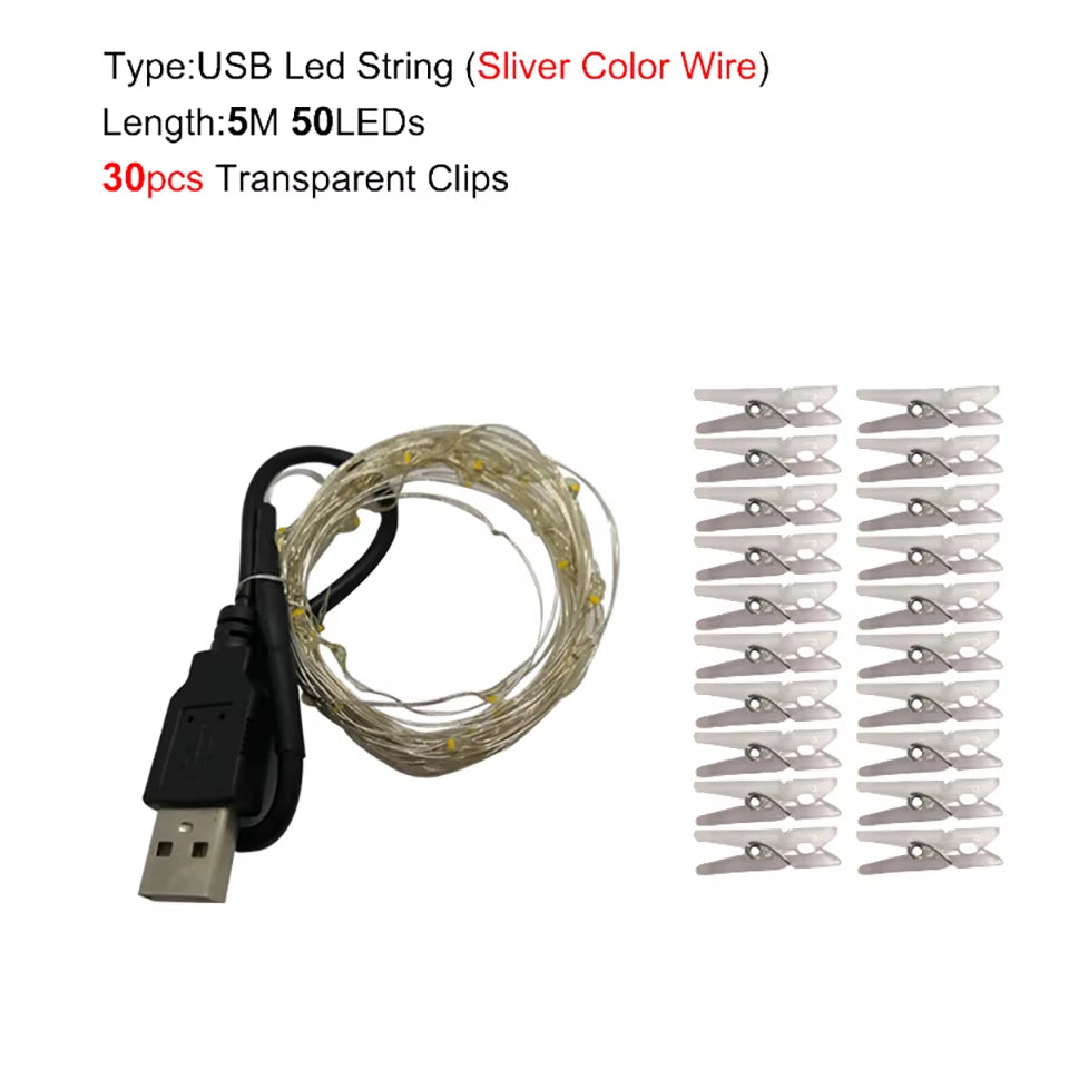 2M/5M/10M Photo Clip USB LED String Lights Fairy Lights Battery Operated Garland Light Christmas Decoration Party Wedding Xmas