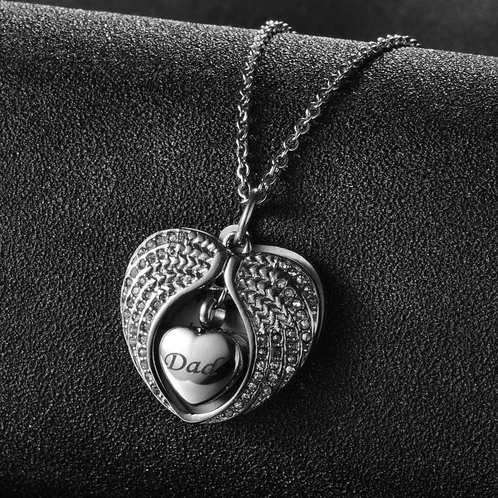 Angel Wing Heart Cremation Urn Necklace in Stainless Steel - Memorial Keepsake Jewelry for Ashes, 50cm