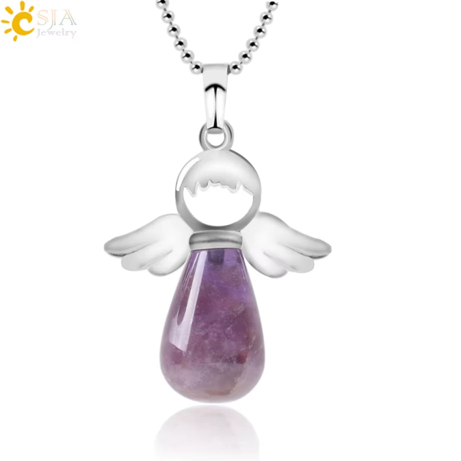CSJA Angel Natural Stone Necklaces Pink Quartz Lapis Lazuli Necklace Angels Pendants for Women Purple Female Jewelry E947