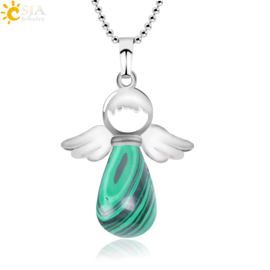 CSJA Angel Natural Stone Necklaces Pink Quartz Lapis Lazuli Necklace Angels Pendants for Women Purple Female Jewelry E947