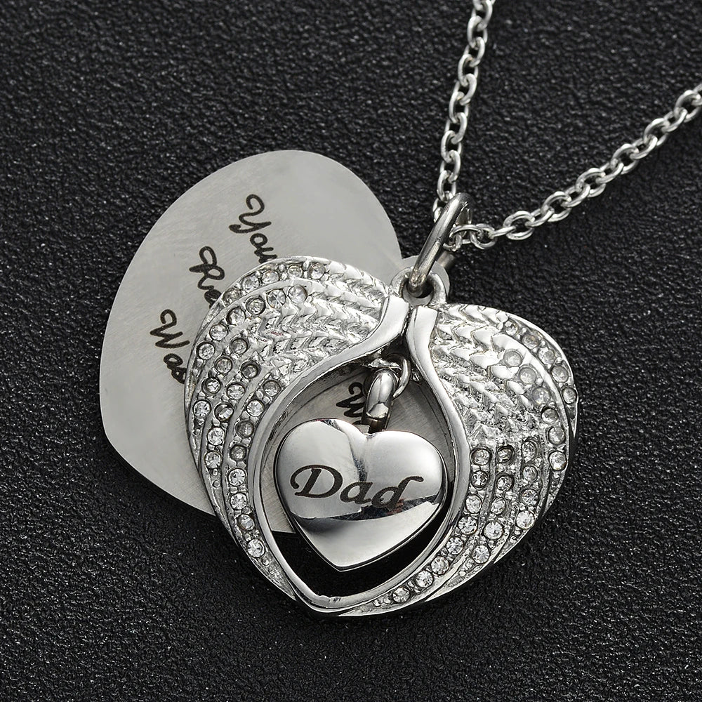 Angel Wing Heart Cremation Urn Necklace in Stainless Steel - Memorial Keepsake Jewelry for Ashes, 50cm