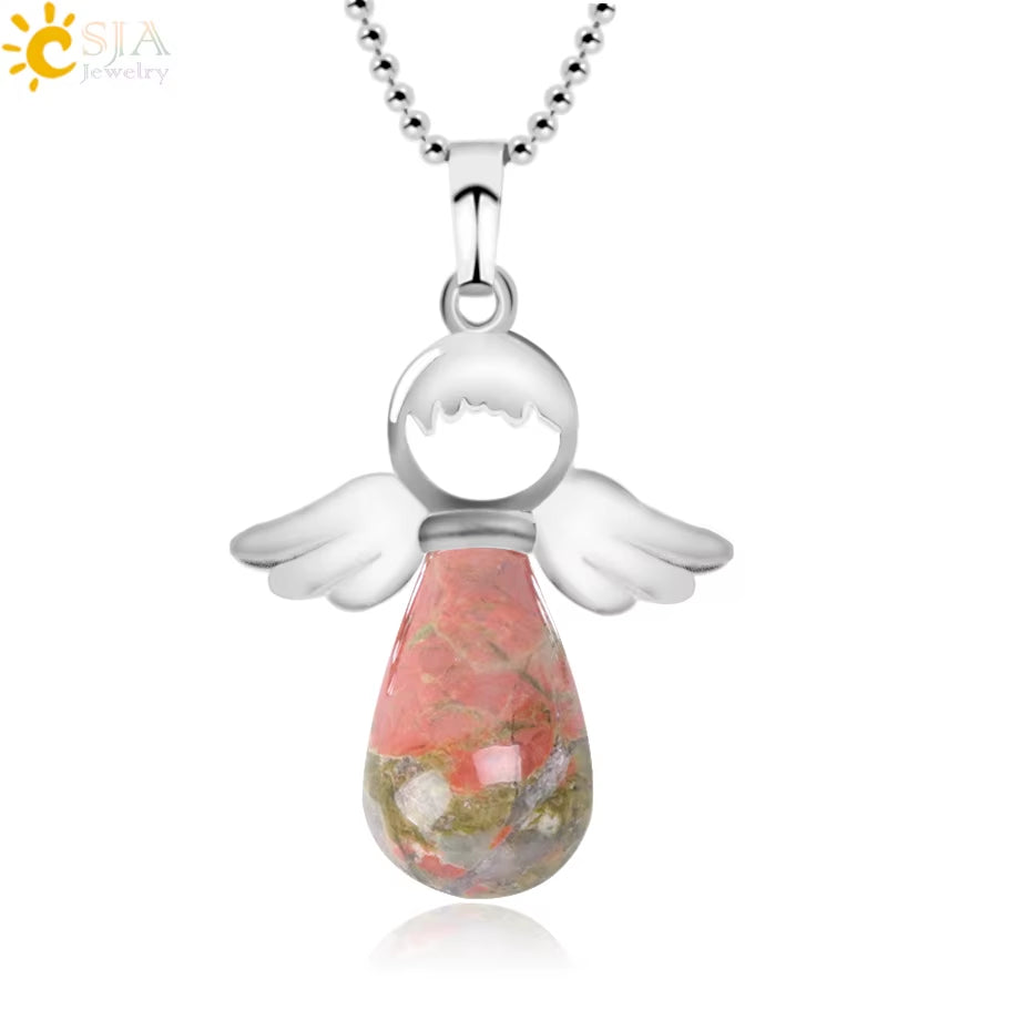 CSJA Angel Natural Stone Necklaces Pink Quartz Lapis Lazuli Necklace Angels Pendants for Women Purple Female Jewelry E947