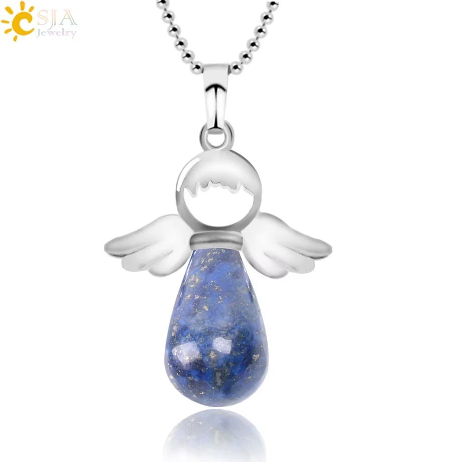 CSJA Angel Natural Stone Necklaces Pink Quartz Lapis Lazuli Necklace Angels Pendants for Women Purple Female Jewelry E947