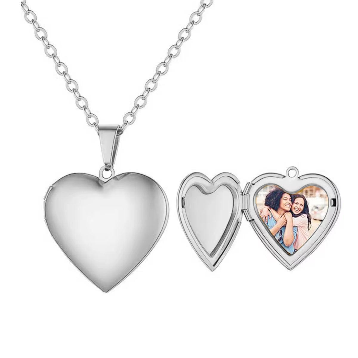 Custom Engraved Stainless Steel Heart Photo Locket Necklace with Personalized Text, Name, and Date