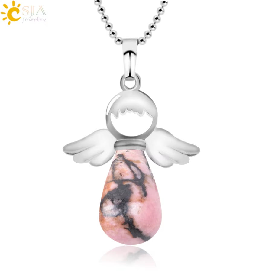 CSJA Angel Natural Stone Necklaces Pink Quartz Lapis Lazuli Necklace Angels Pendants for Women Purple Female Jewelry E947