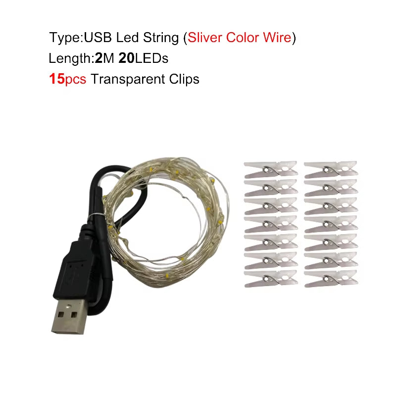 2M/5M/10M Photo Clip USB LED String Lights Fairy Lights Battery Operated Garland Light Christmas Decoration Party Wedding Xmas