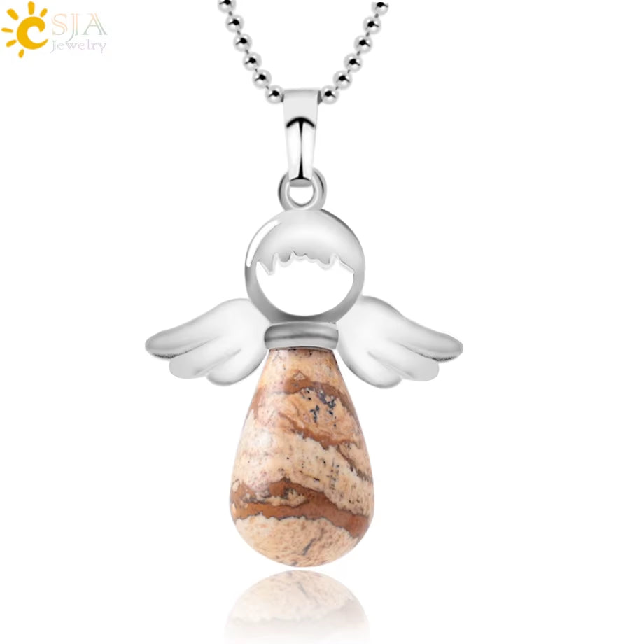 CSJA Angel Natural Stone Necklaces Pink Quartz Lapis Lazuli Necklace Angels Pendants for Women Purple Female Jewelry E947