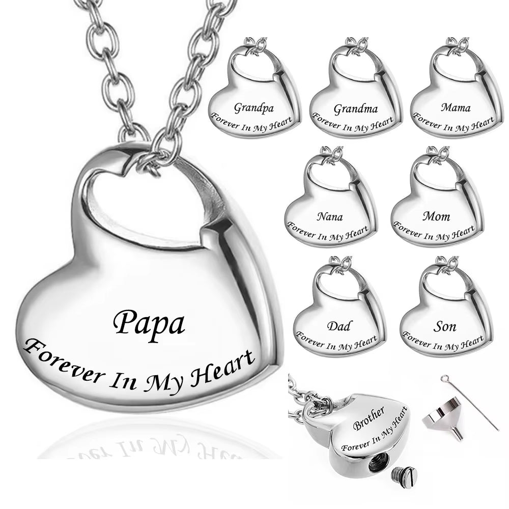 Stainless Steel Funeral Cremation Heart Forever in My Heart Pendant Keepsake Urn Necklace for Ashes Memorial Jewelry Mementos