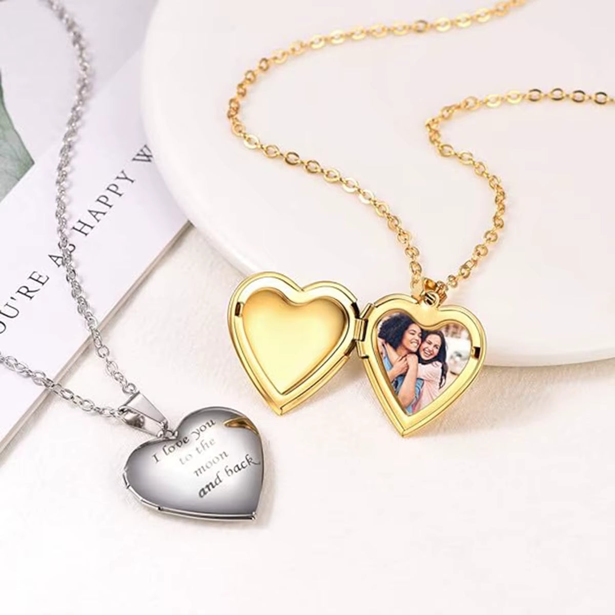 Custom Engraved Stainless Steel Heart Photo Locket Necklace with Personalized Text, Name, and Date