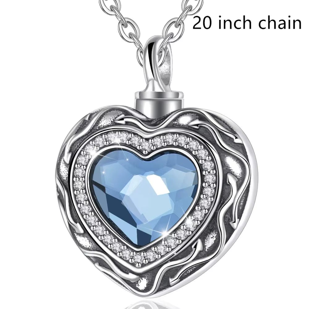 Sterling Silver Heart Locket Cremation Ashes Urn Necklace with Blue Crystal Birthstone Keepsake Jewelry - CYG004