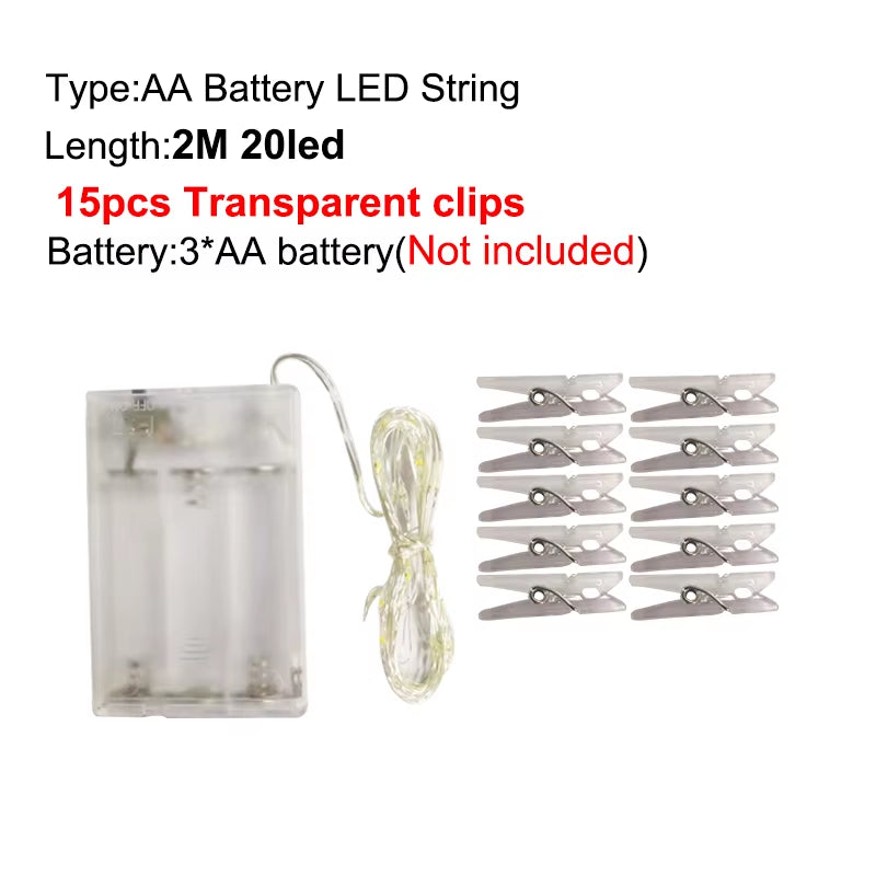 2M/5M/10M Photo Clip USB LED String Lights Fairy Lights Battery Operated Garland Light Christmas Decoration Party Wedding Xmas