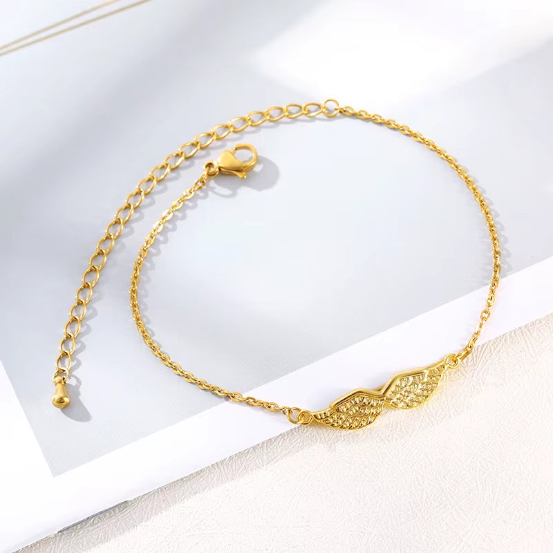 Bohemian Retro Circle Heartbeat Angel Wings Beaded Bracelet Gold Color Charm Stainless Steel Angel Wings Bracelets for Women