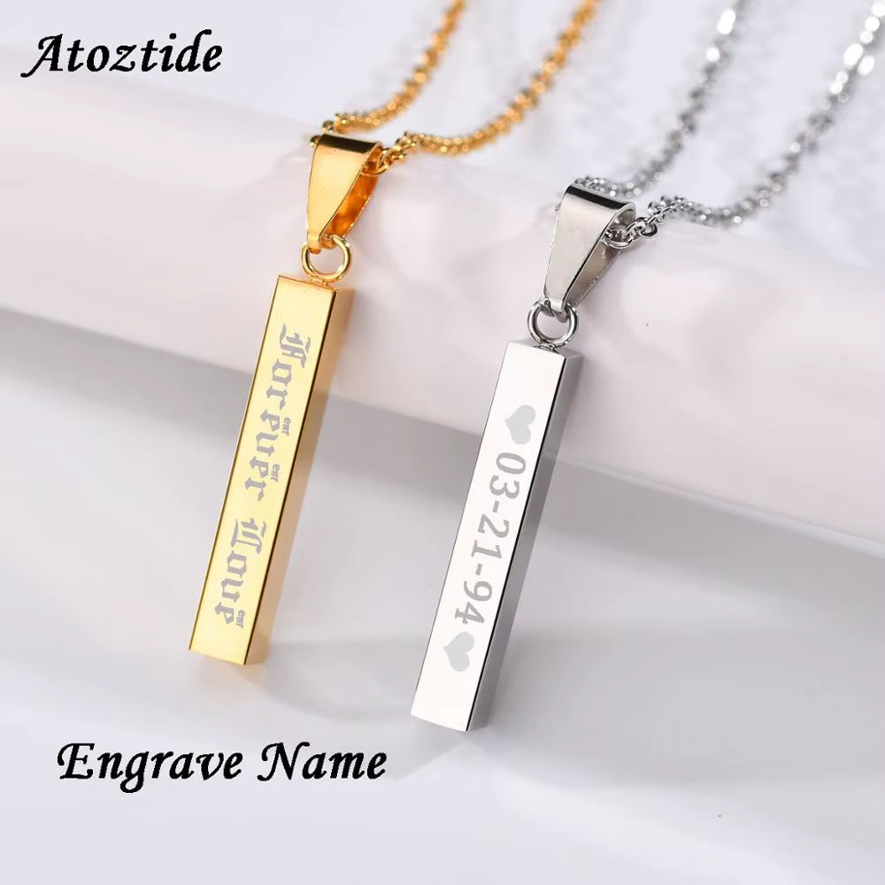 Custom Engraved Atoztide Stainless Steel Bar Necklace for Women - Personalized Name & Date Jewelry