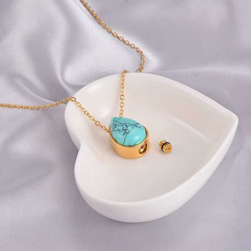 Elegant Teardrop Amethyst & Turquoise Pendant - Stainless Steel Cremation Urn Necklace for Cherished Memories