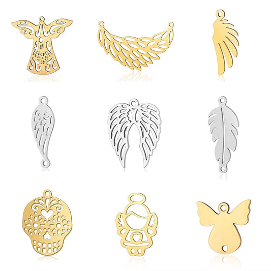 5Pcs/Lot Angel Wing DIY Charms Wholesale 316 Stainless Steel Feather Connectors Charm Angels Hamsa Hand Skull Jewelry Pendant