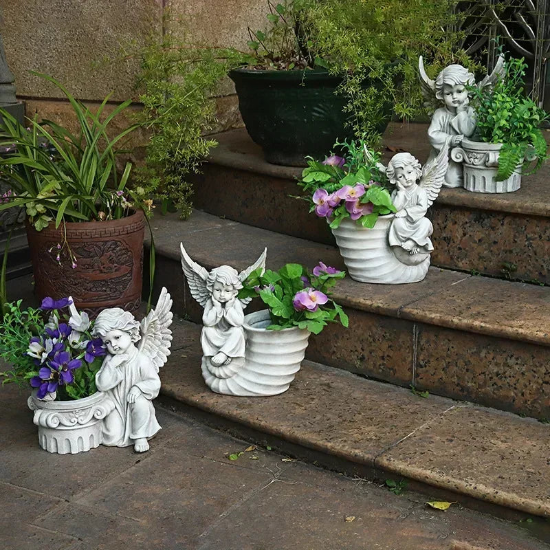 31CM European Courtyard Decorative Angel Figurine Flowerpot for Landscape Enhancements in Resin