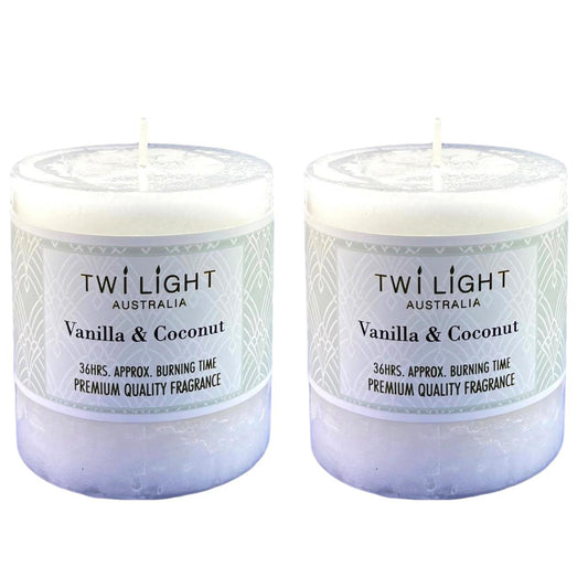Delightful Vanilla & Coconut Cream Scented Pillar Candles - Set of 2, 6.8x7.5cm, 36 Hours Burn Time