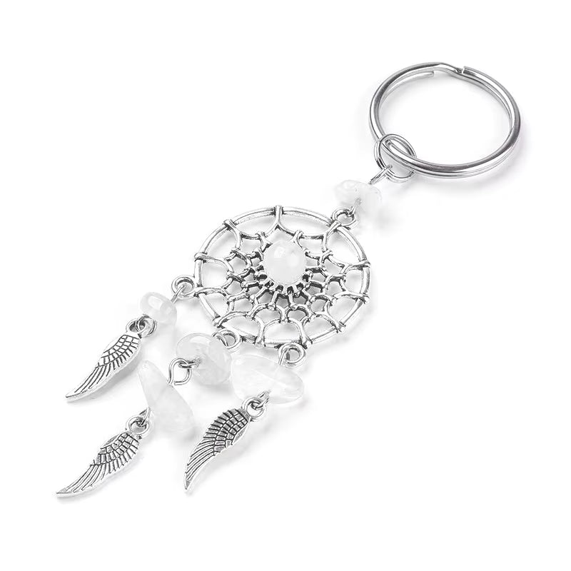 Boho Dreamcatcher Keychain with Natural Stones & Angel Wings – Stylish Charm for Protection!