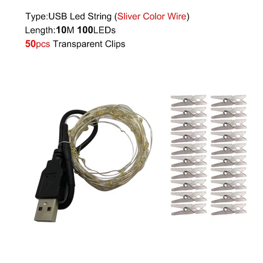 2M/5M/10M Photo Clip USB LED String Lights Fairy Lights Battery Operated Garland Light Christmas Decoration Party Wedding Xmas