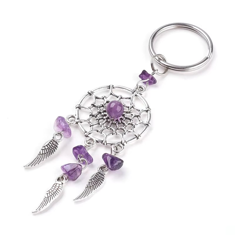 Boho Dreamcatcher Keychain with Natural Stones & Angel Wings – Stylish Charm for Protection!