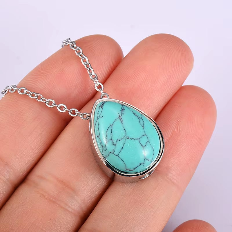 Elegant Teardrop Amethyst & Turquoise Pendant - Stainless Steel Cremation Urn Necklace for Cherished Memories