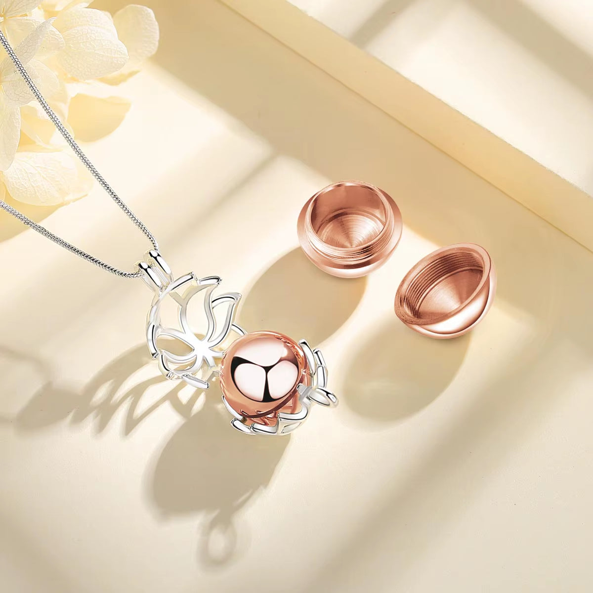 Lotus Blossom Urn Cremation Pendant - 14mm Ash Holder Locket Necklace for Keepsakes - DIY Jewelry K332N14
