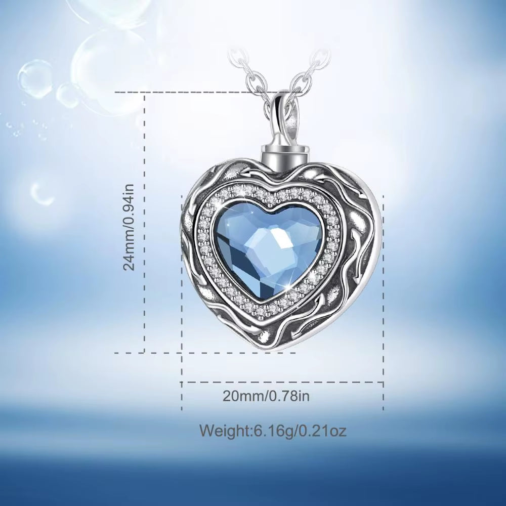 Sterling Silver Heart Locket Cremation Ashes Urn Necklace with Blue Crystal Birthstone Keepsake Jewelry - CYG004