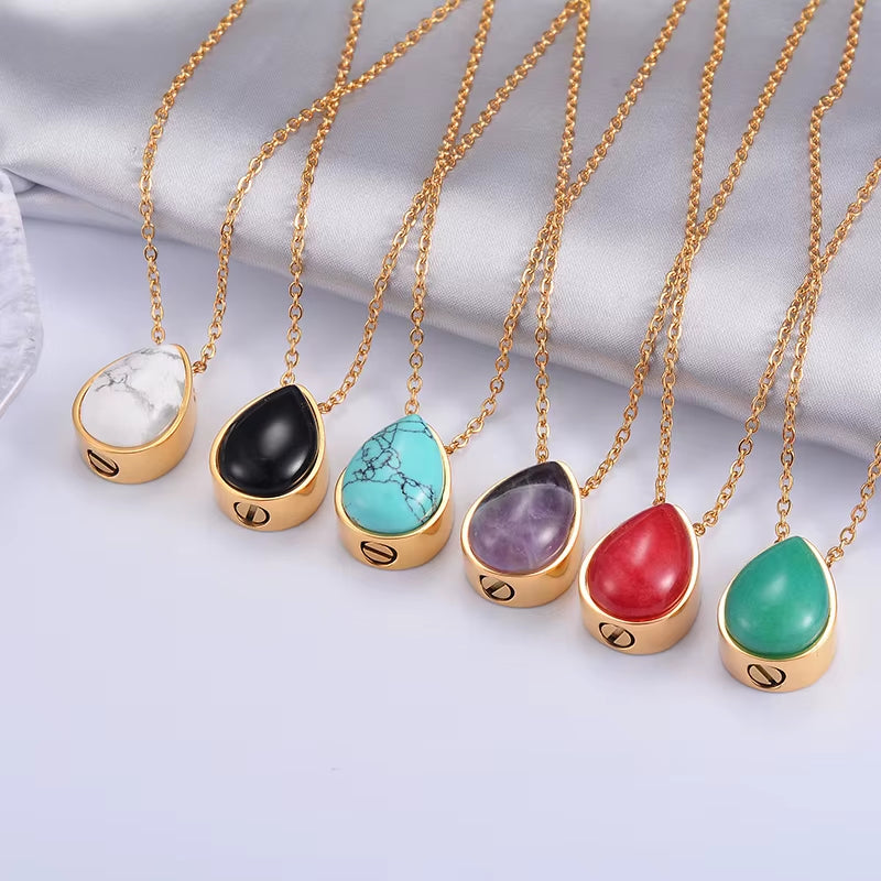 Elegant Teardrop Amethyst & Turquoise Pendant - Stainless Steel Cremation Urn Necklace for Cherished Memories