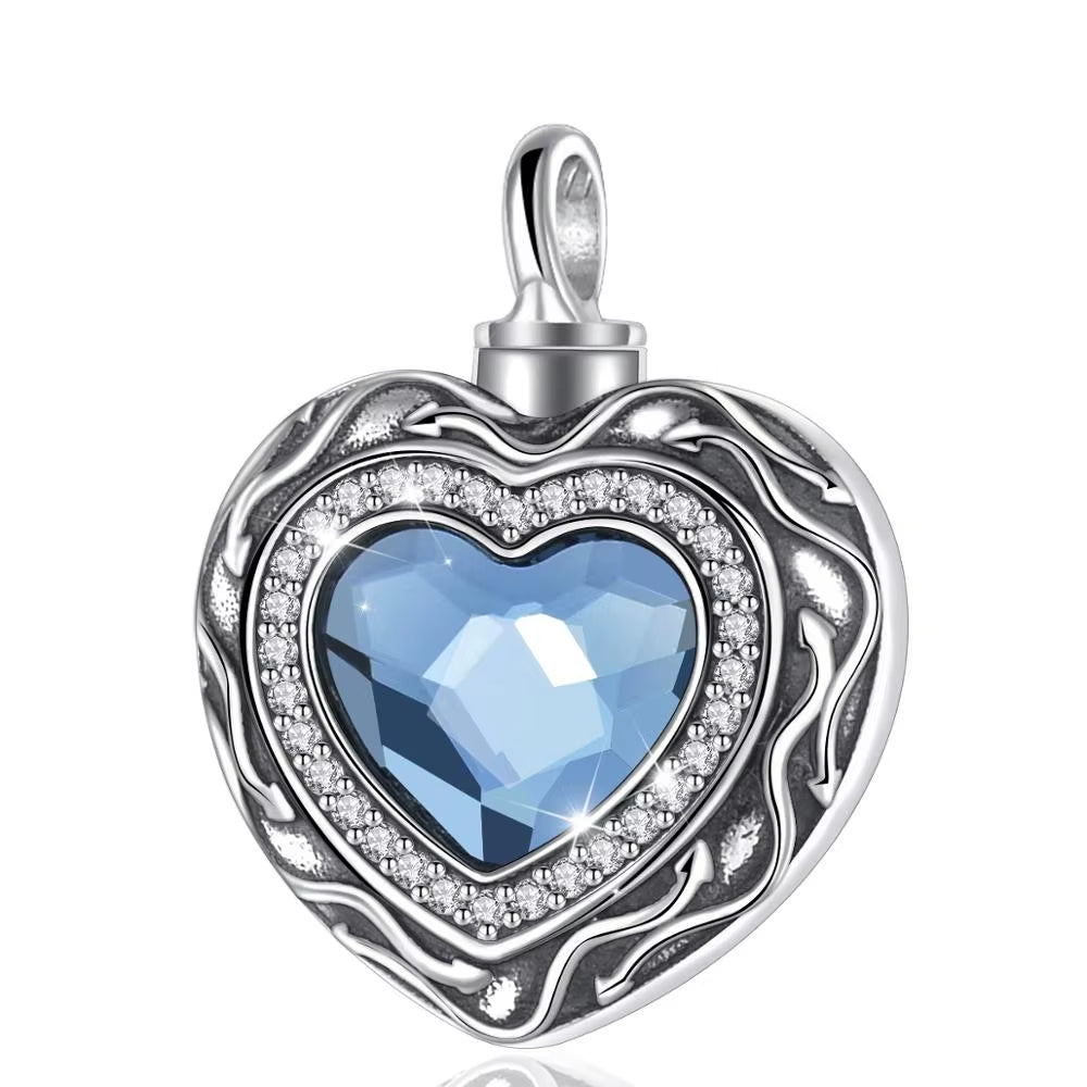 Sterling Silver Heart Locket Cremation Ashes Urn Necklace with Blue Crystal Birthstone Keepsake Jewelry - CYG004