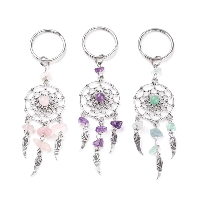 Boho Dreamcatcher Keychain with Natural Stones & Angel Wings – Stylish Charm for Protection!