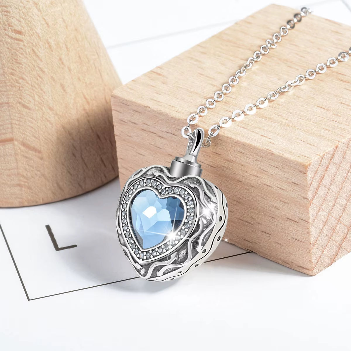 Sterling Silver Heart Locket Cremation Ashes Urn Necklace with Blue Crystal Birthstone Keepsake Jewelry - CYG004