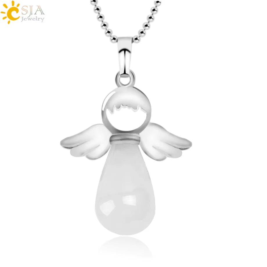 CSJA Angel Natural Stone Necklaces Pink Quartz Lapis Lazuli Necklace Angels Pendants for Women Purple Female Jewelry E947