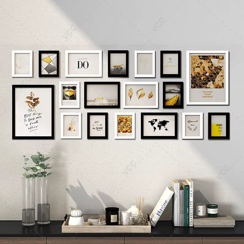 Elegant 18-Piece Black & White Wooden Photo Frame Collection - A Wall of Remembrance