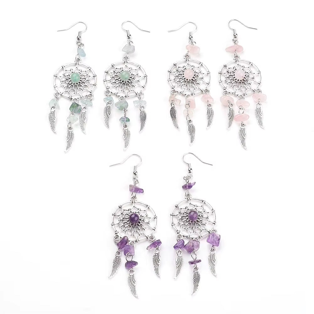 Boho Dreamcatcher Keychain with Natural Stones & Angel Wings – Stylish Charm for Protection!