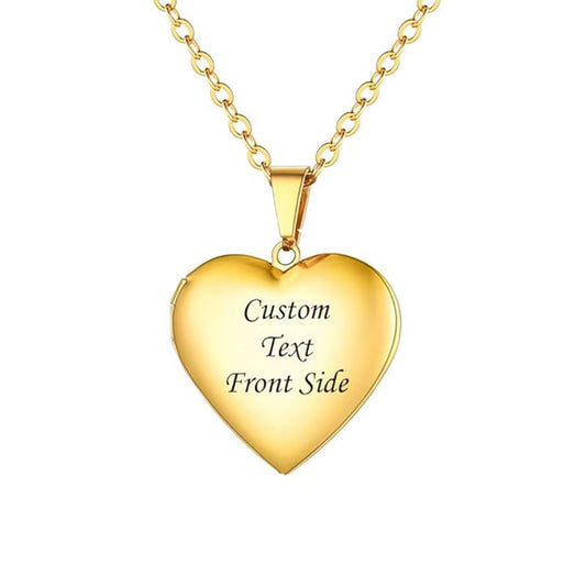 Custom Engraved Stainless Steel Heart Photo Locket Necklace with Personalized Text, Name, and Date