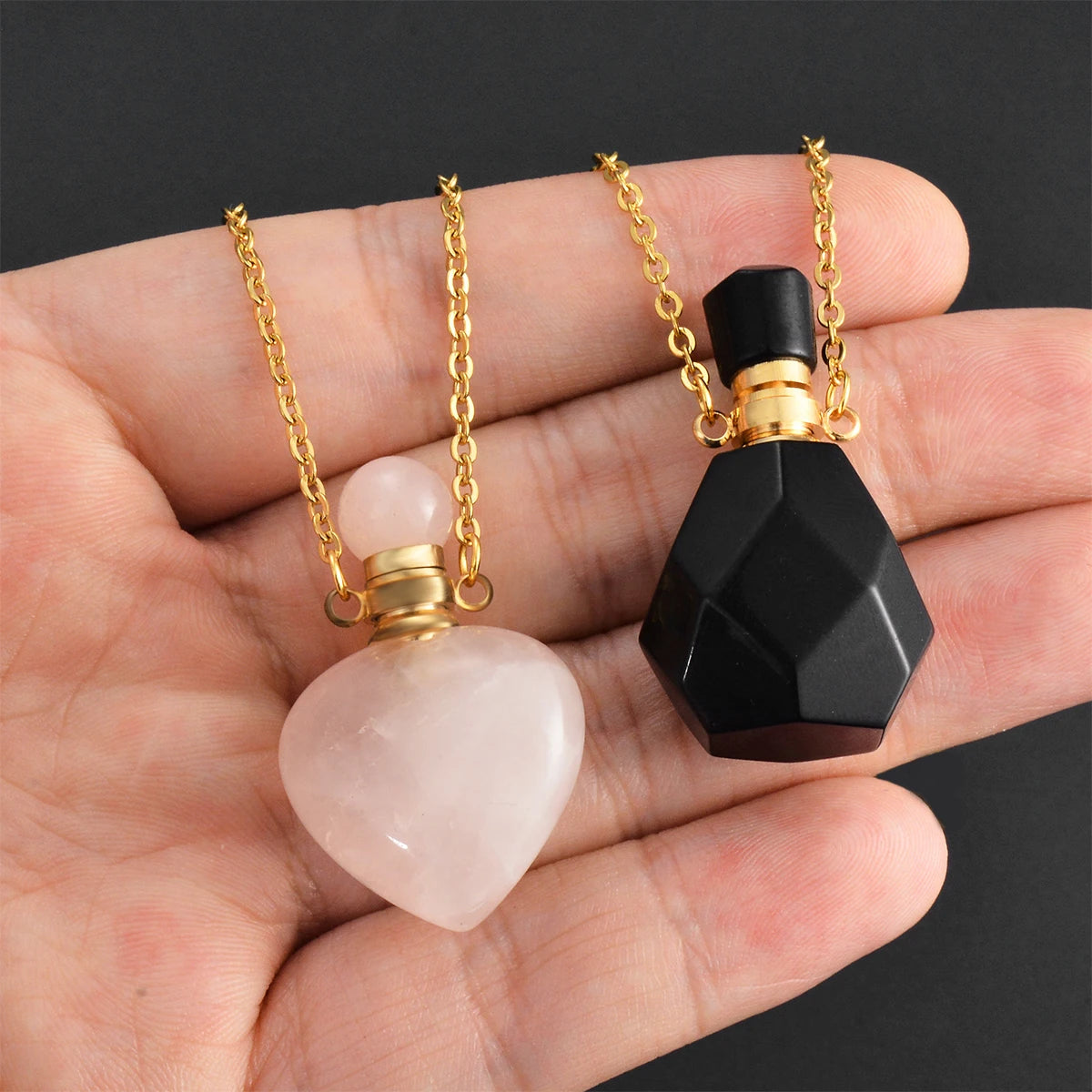 Natural Stone Memorial Necklace with Amethyst Crystal Pendant and Stainless Steel Urn for Ashes