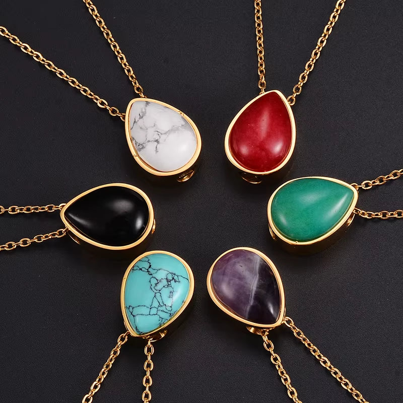 Elegant Teardrop Amethyst & Turquoise Pendant - Stainless Steel Cremation Urn Necklace for Cherished Memories