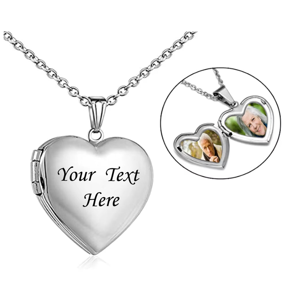 Custom Engraved Stainless Steel Heart Photo Locket Necklace with Personalized Text, Name, and Date